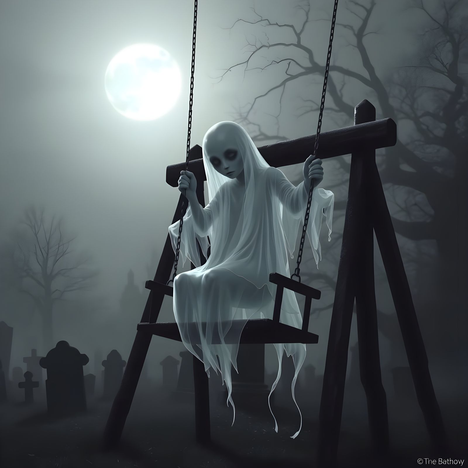 Ethereal Ghost Swinging in Moonlit Graveyard