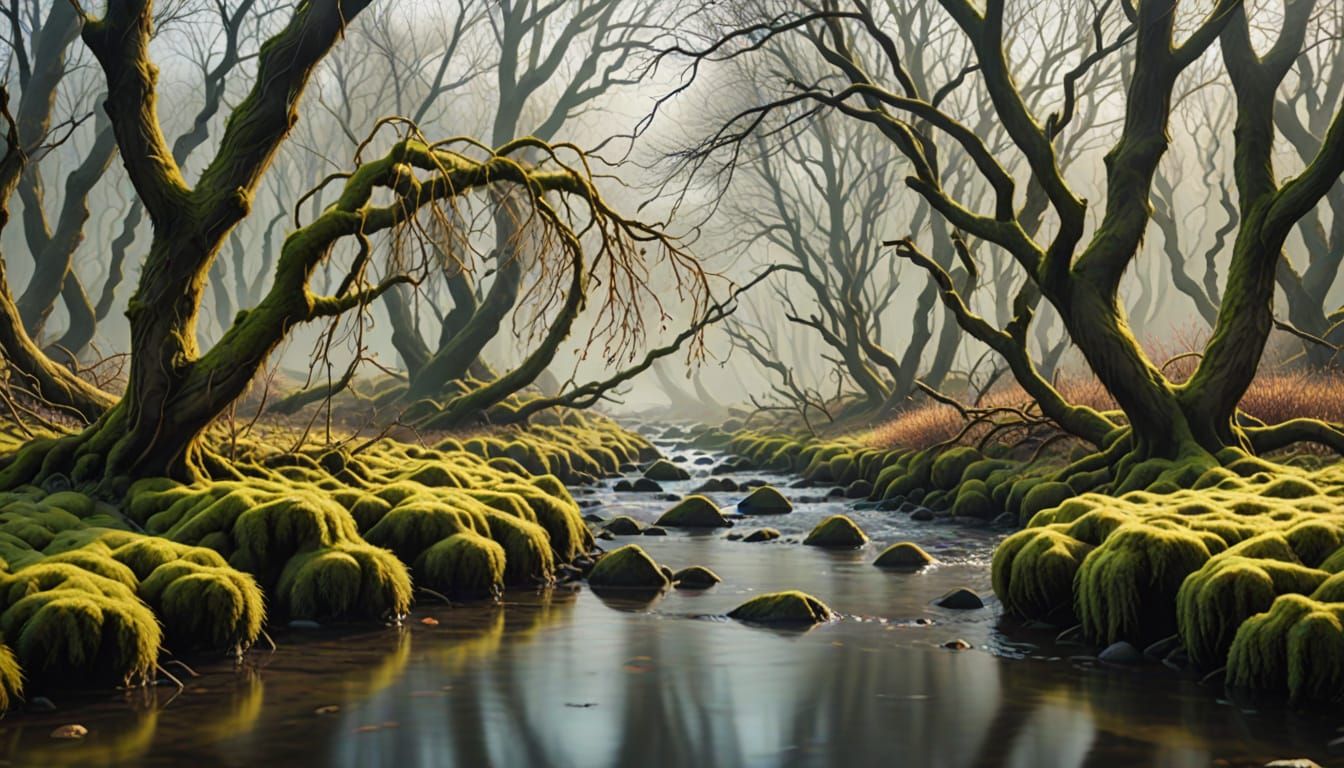 Hyperrealistic Winter Willow Forest with Silky Stream