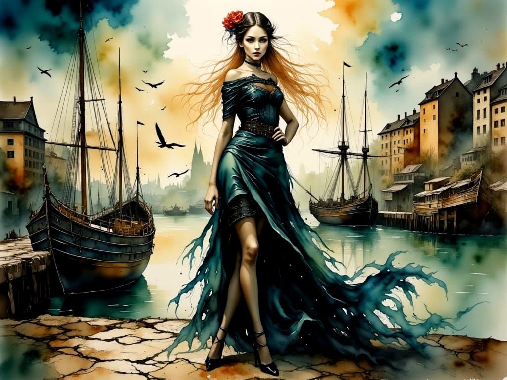 Surreal Watercolour Painting of Women in 19th Century Harbou...