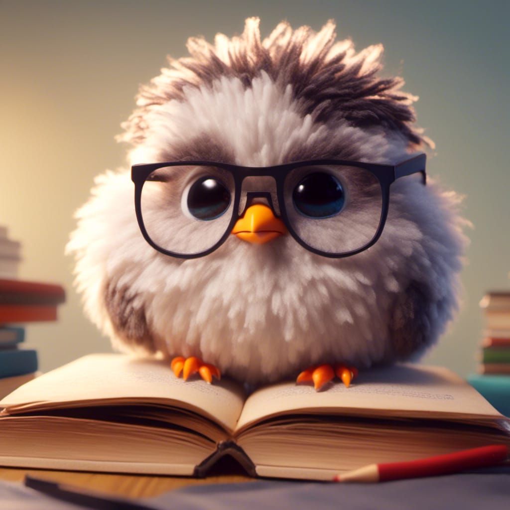 Cute Fluffy Bird with Nerd Glasses on Book
