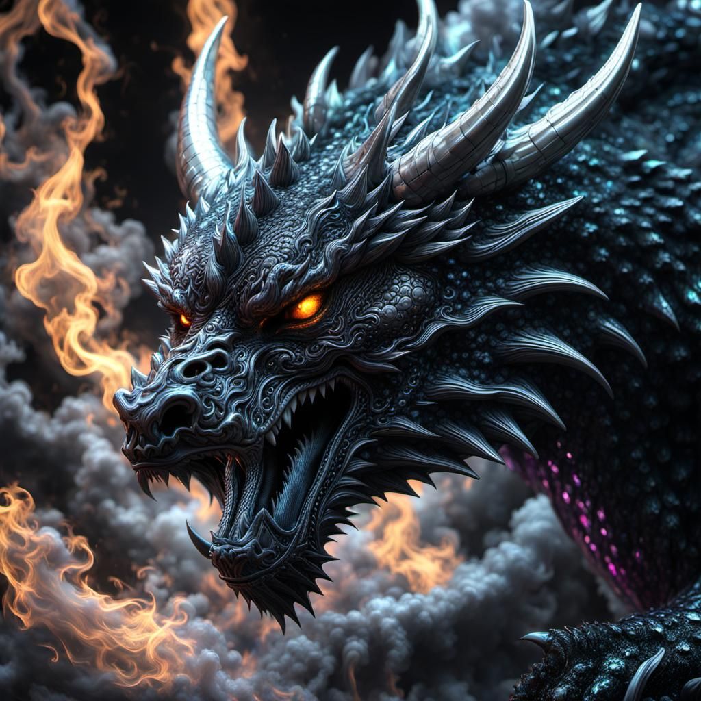 Intricate Dragon Bear Demon in Iridescent Liquid Chrome