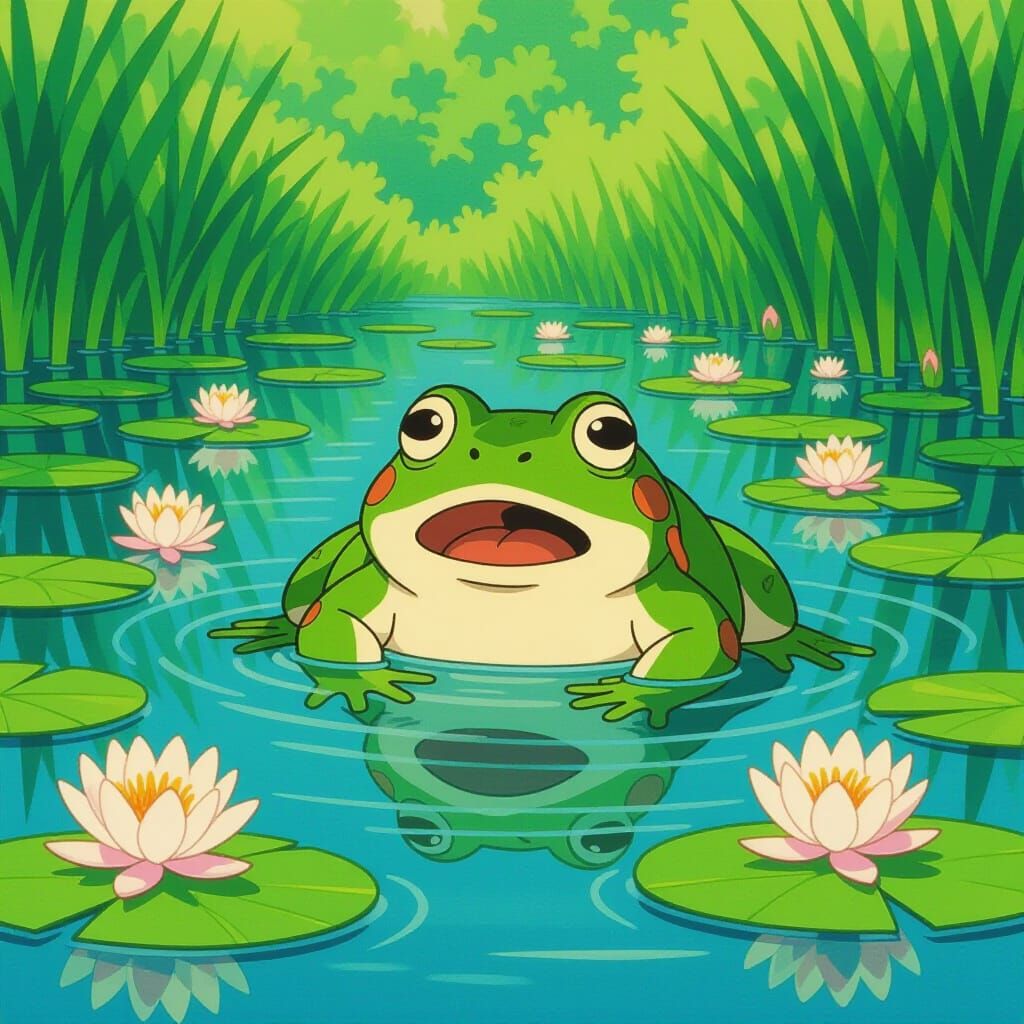 Frightened Frog in Serene Pond, Whimsical Dreamy Style