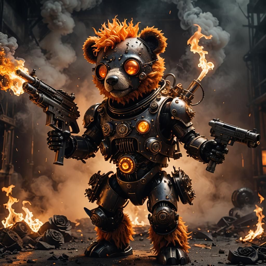 Steampunk Cyborg Teddy Bear on Flames