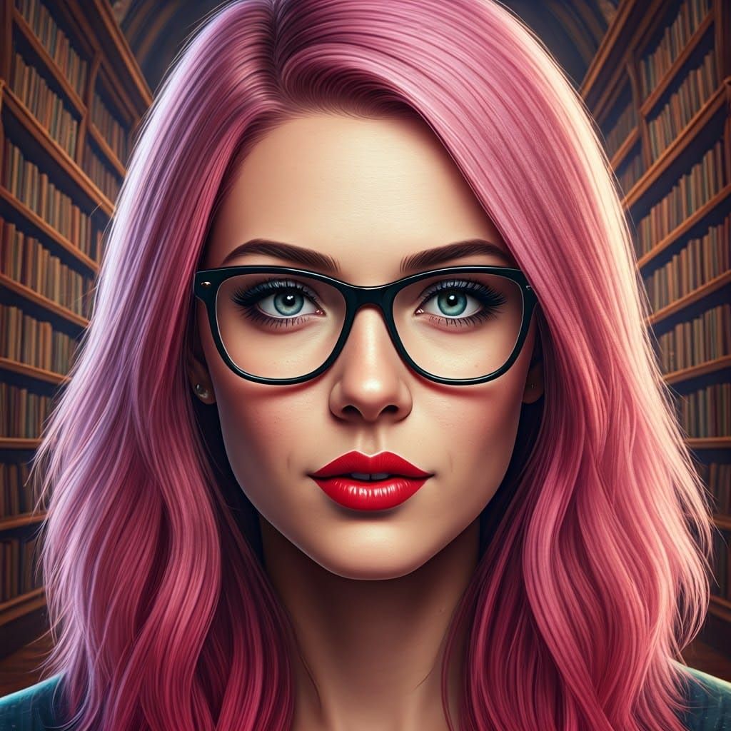 Pink-Haired Librarian Portrait in Hyperrealistic Style