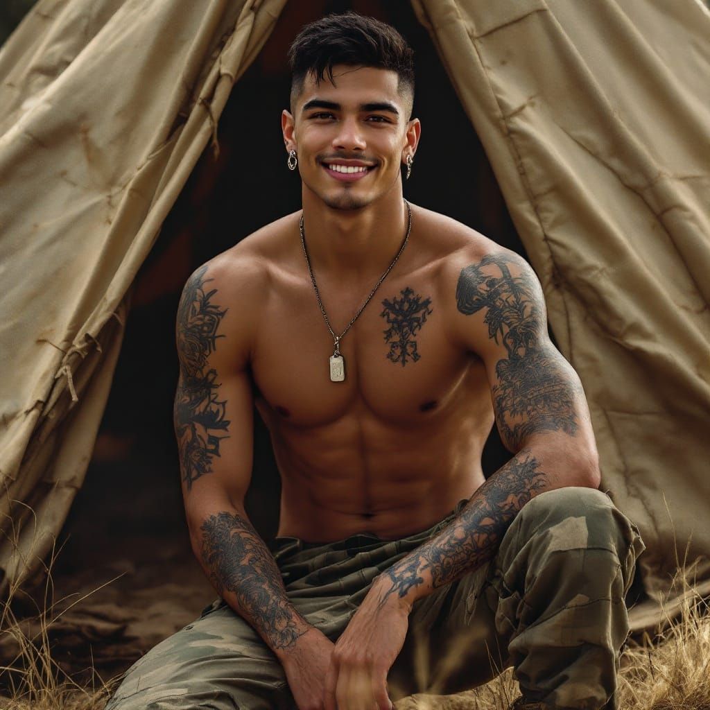 Gritty Latino Soldier in Camo, Tattoos, and Dogtags