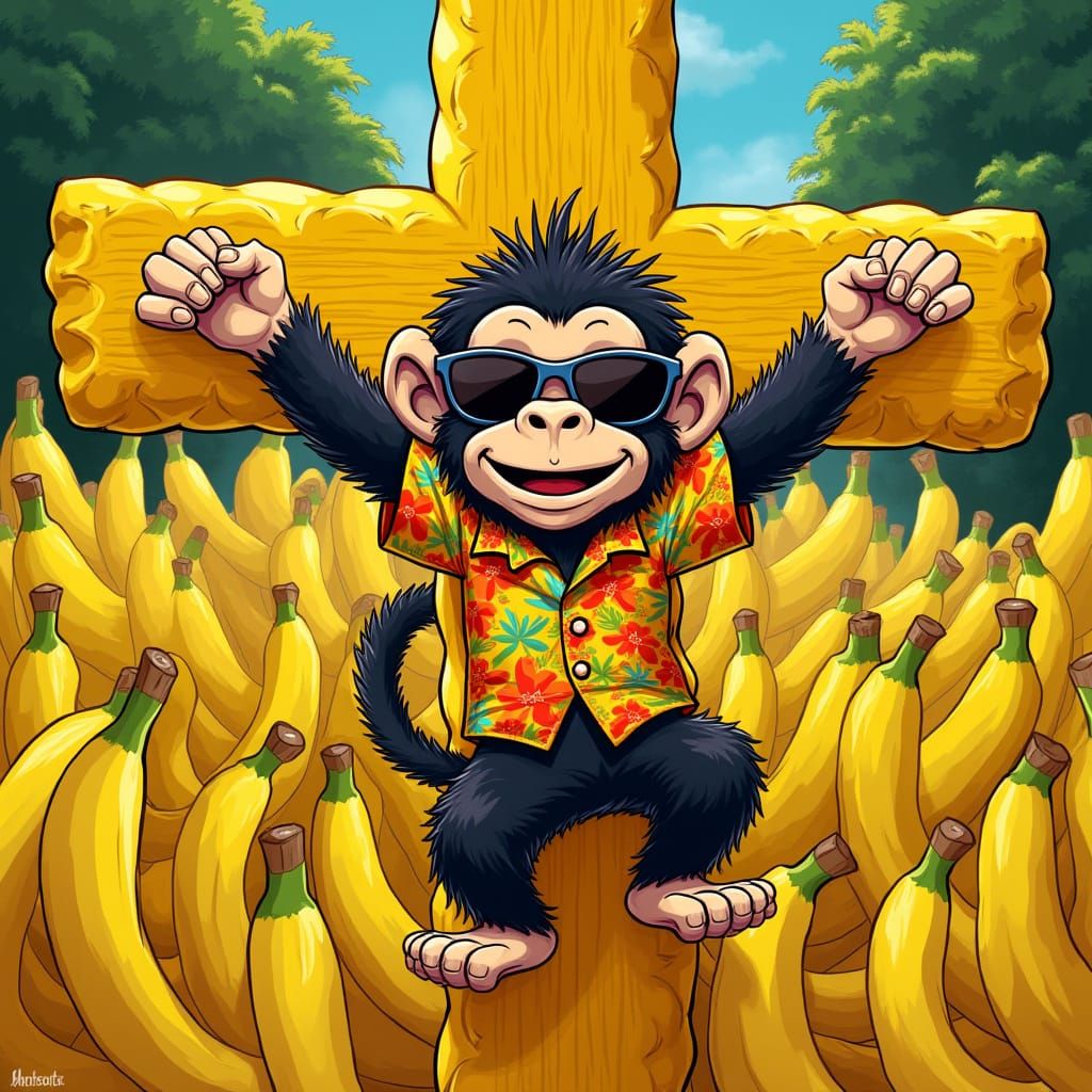 Monkeying Around on Banana Cross in Cartoon Style