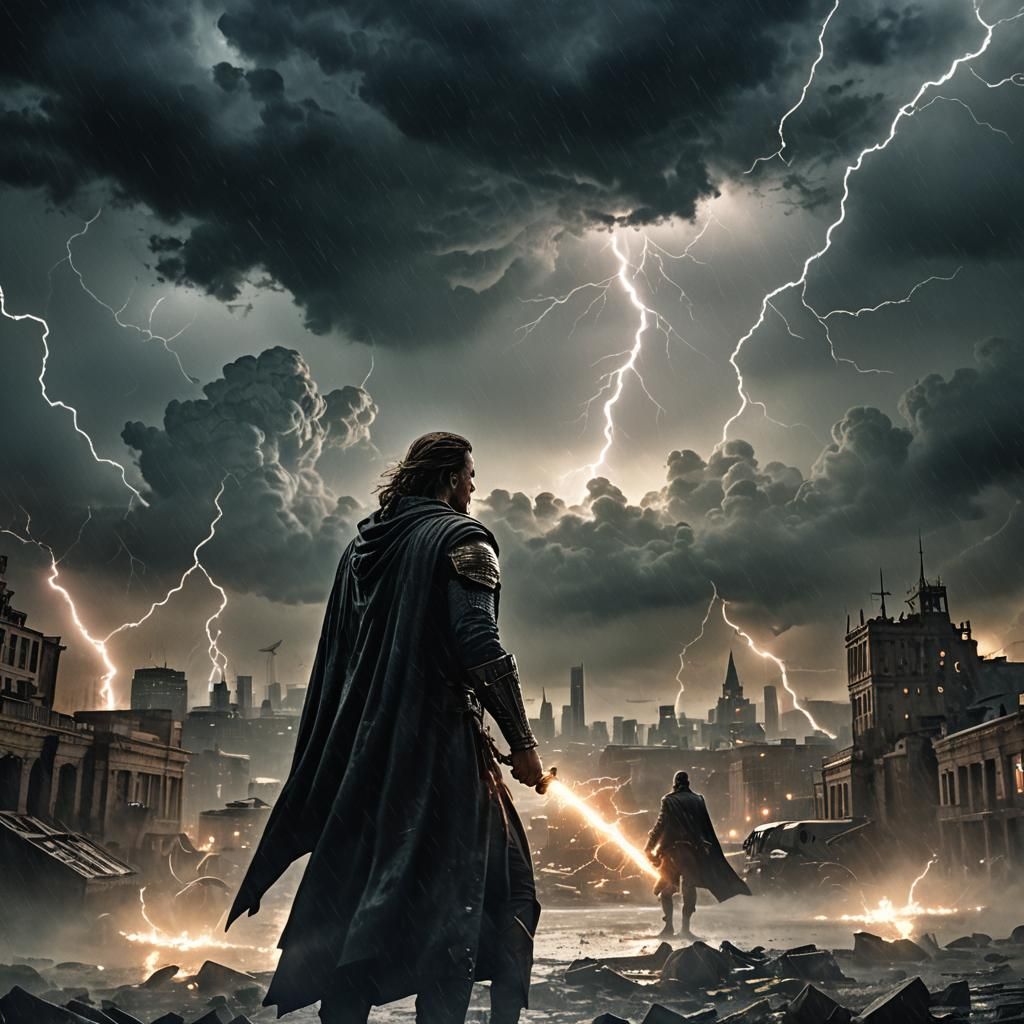 Epic City Battlefield Standoff Under Stormy Sky