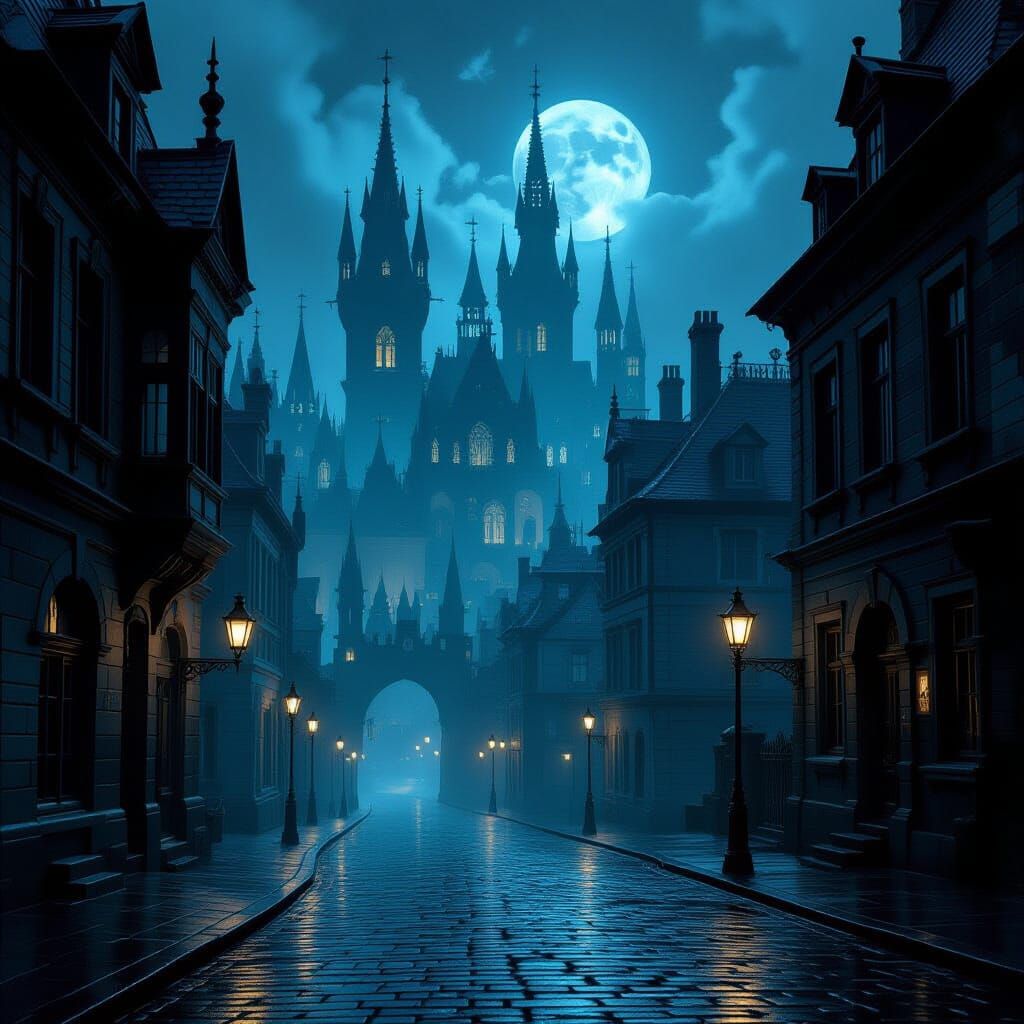 Gothic Cityscape at Midnight with Eerie Glow