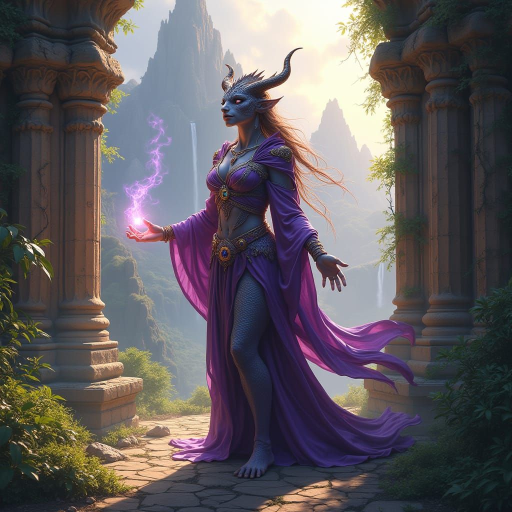 Ethereal Dragonborn Sorceress Amidst Ancient Ruin