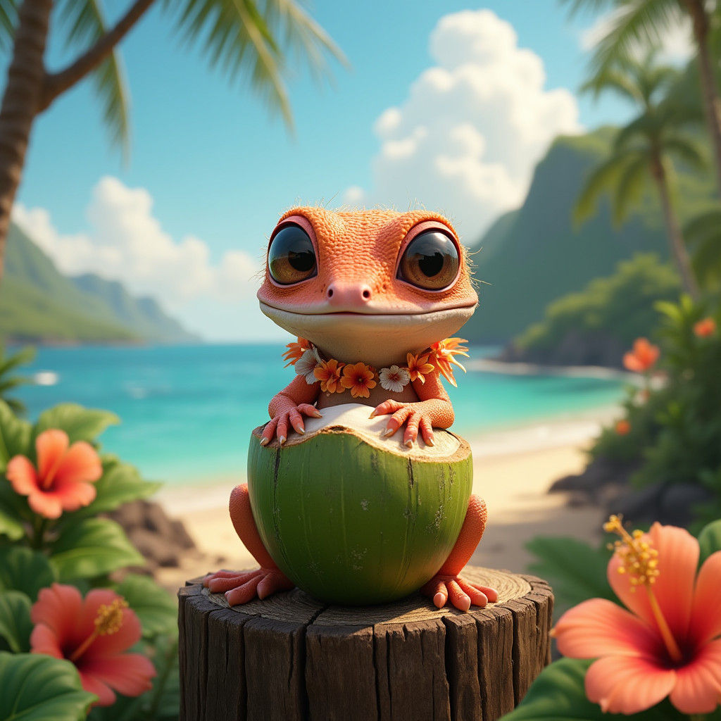 Gecko's Hawaiian Coconut Delight: A Matte Painting