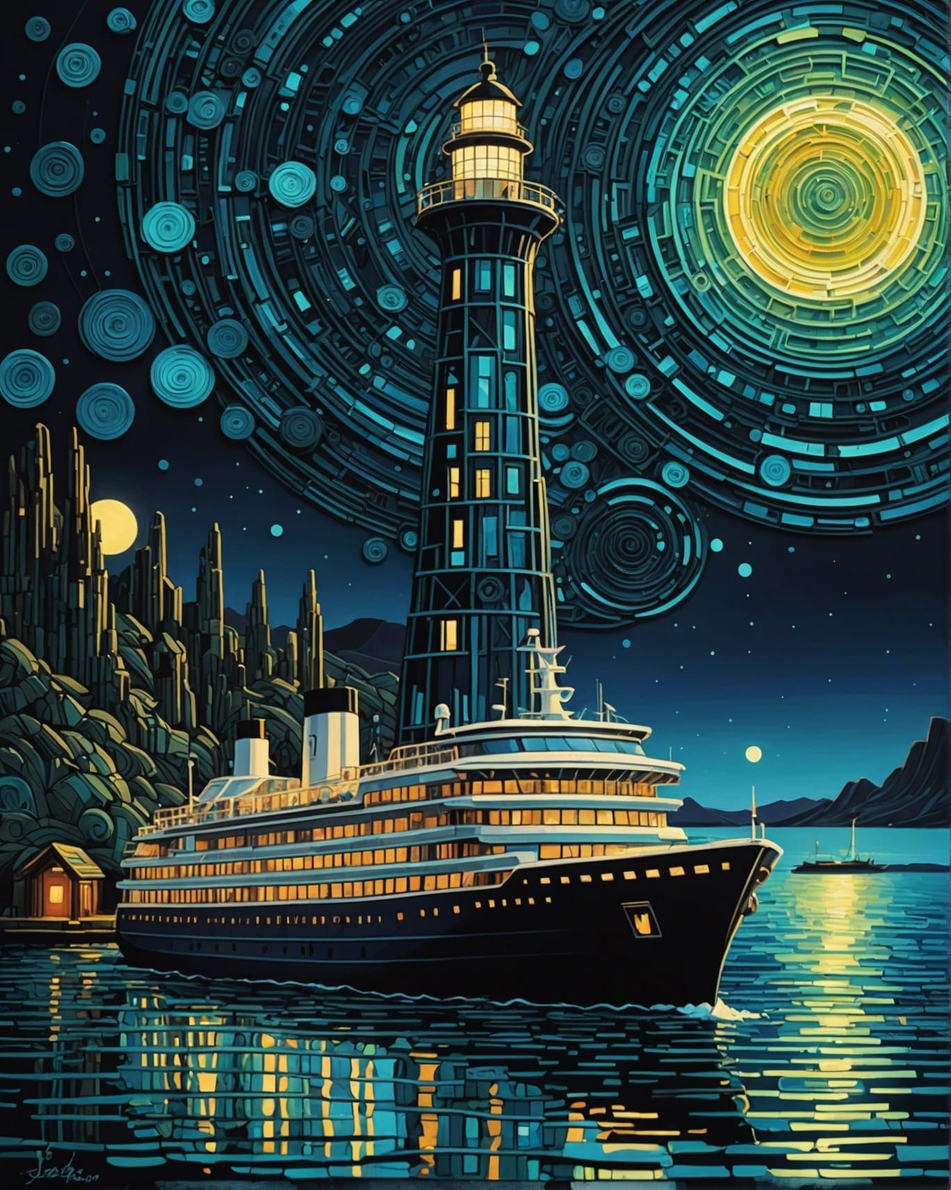 Bioluminescent Cruise Ship in Harbor, Iridescent Ink Art