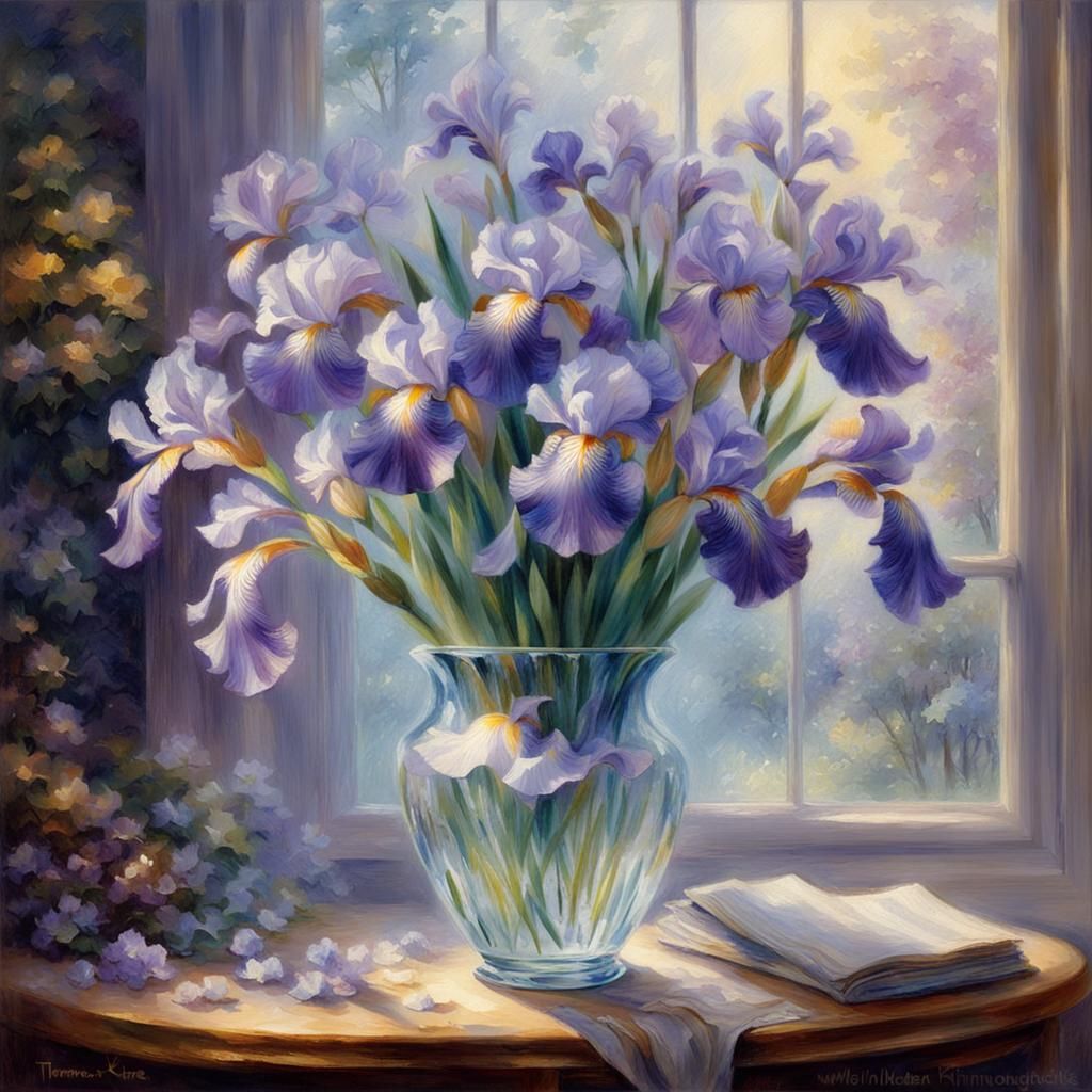 Iris Bouquet in Crystal Vase: Ethereal Fantasy Art