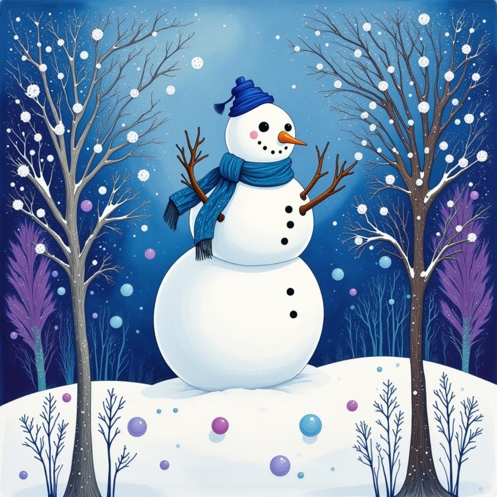 Snowman in Wintermint Forest with Blueberry Ink Splash