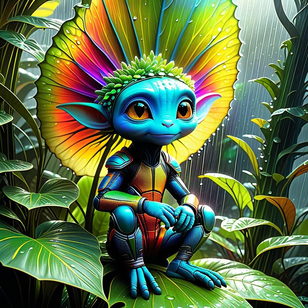 Cute Alien in Rainy Sci-Fi Fantasy Landscape