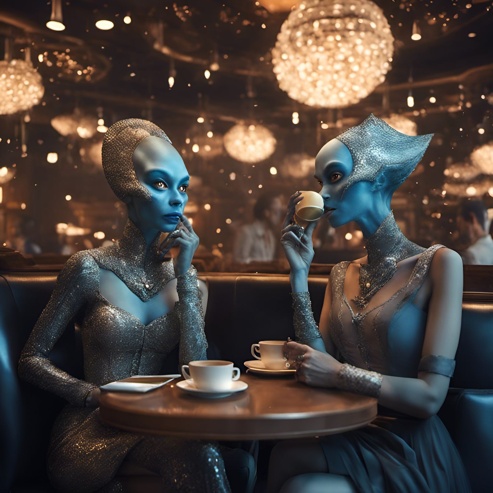 Alien Women Enjoying Coffee in Fancy Restaurant