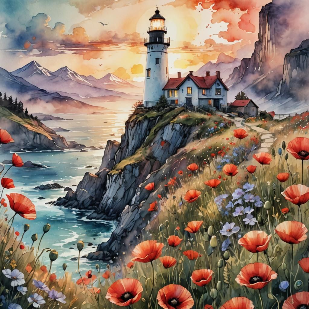 Poppies and Lighthouse Digital Watercolor