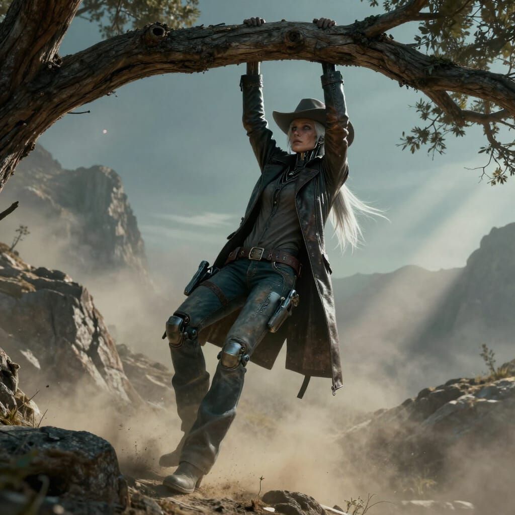 Cyborg Cowgirl on Tree Branch in Neon Western Landscape