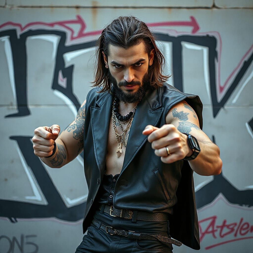 Y2K Gothic Man Poses in Graffiti Alley