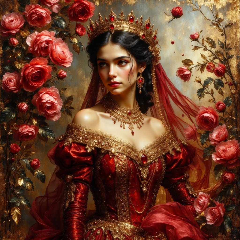 Renaissance Princess in Rose Garden, Impasto Painting