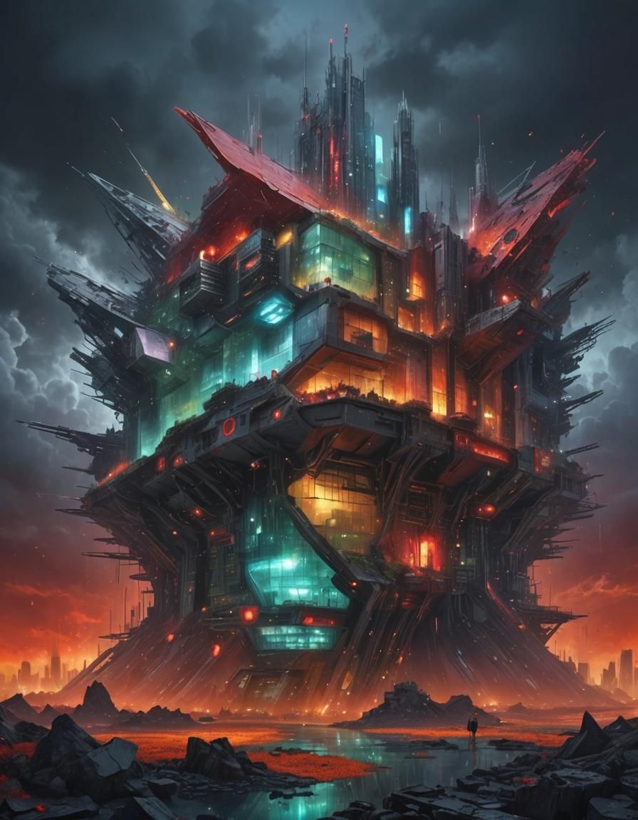 Neofuturistic Architecture in Blood Red and Gray