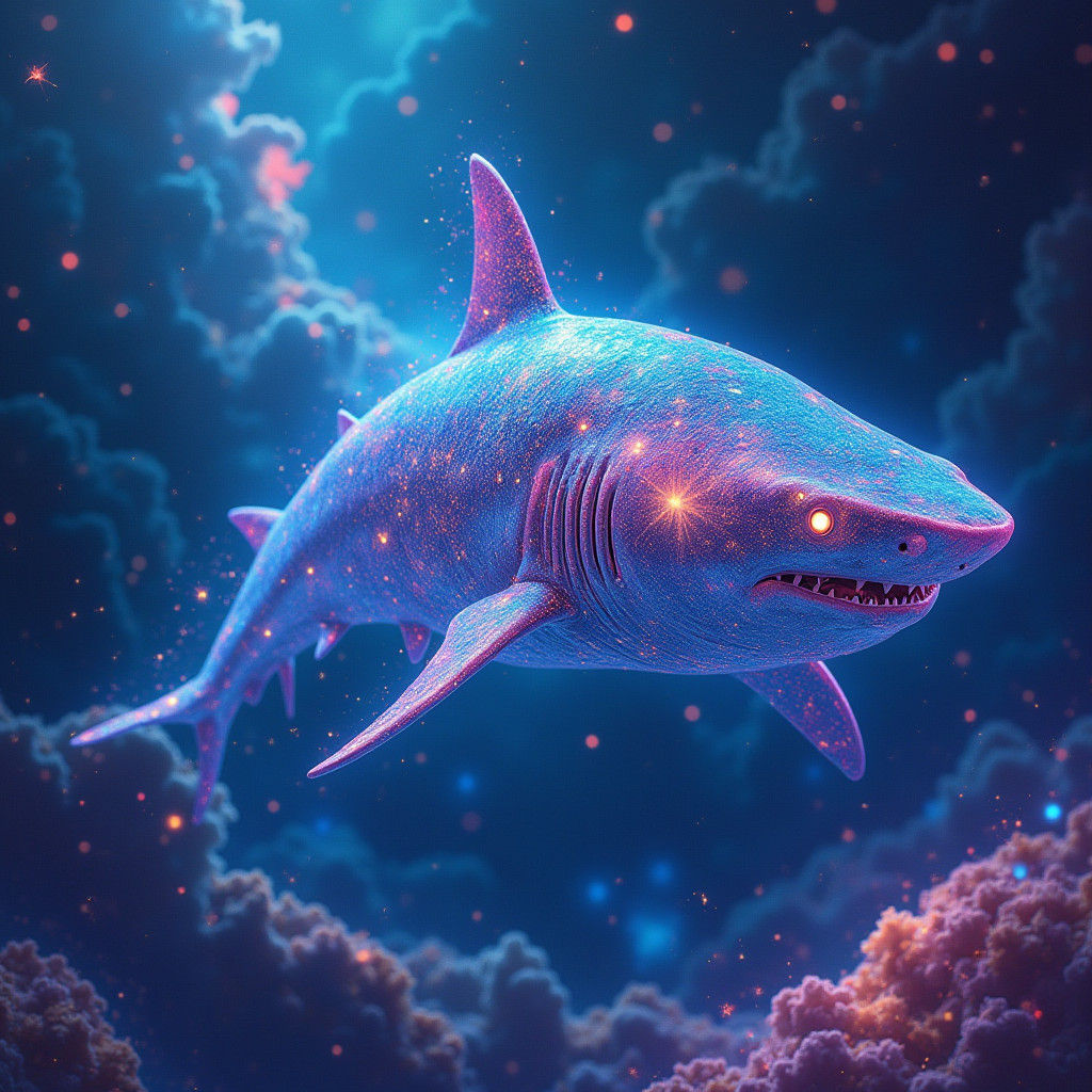 Iridescent Shark in Astral Ocean, Holographic Illustration