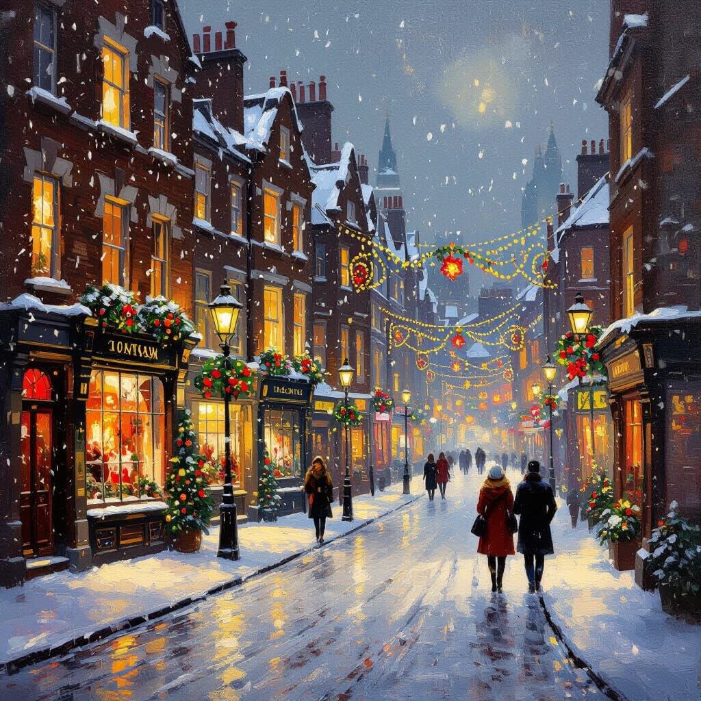 Christmas Eve in London: An Impressionist Oil Painting