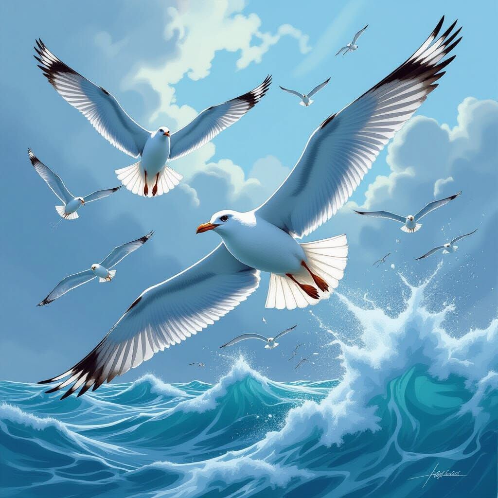 Pencil Drawing Becomes Seagulls Over Turbulent Ocean