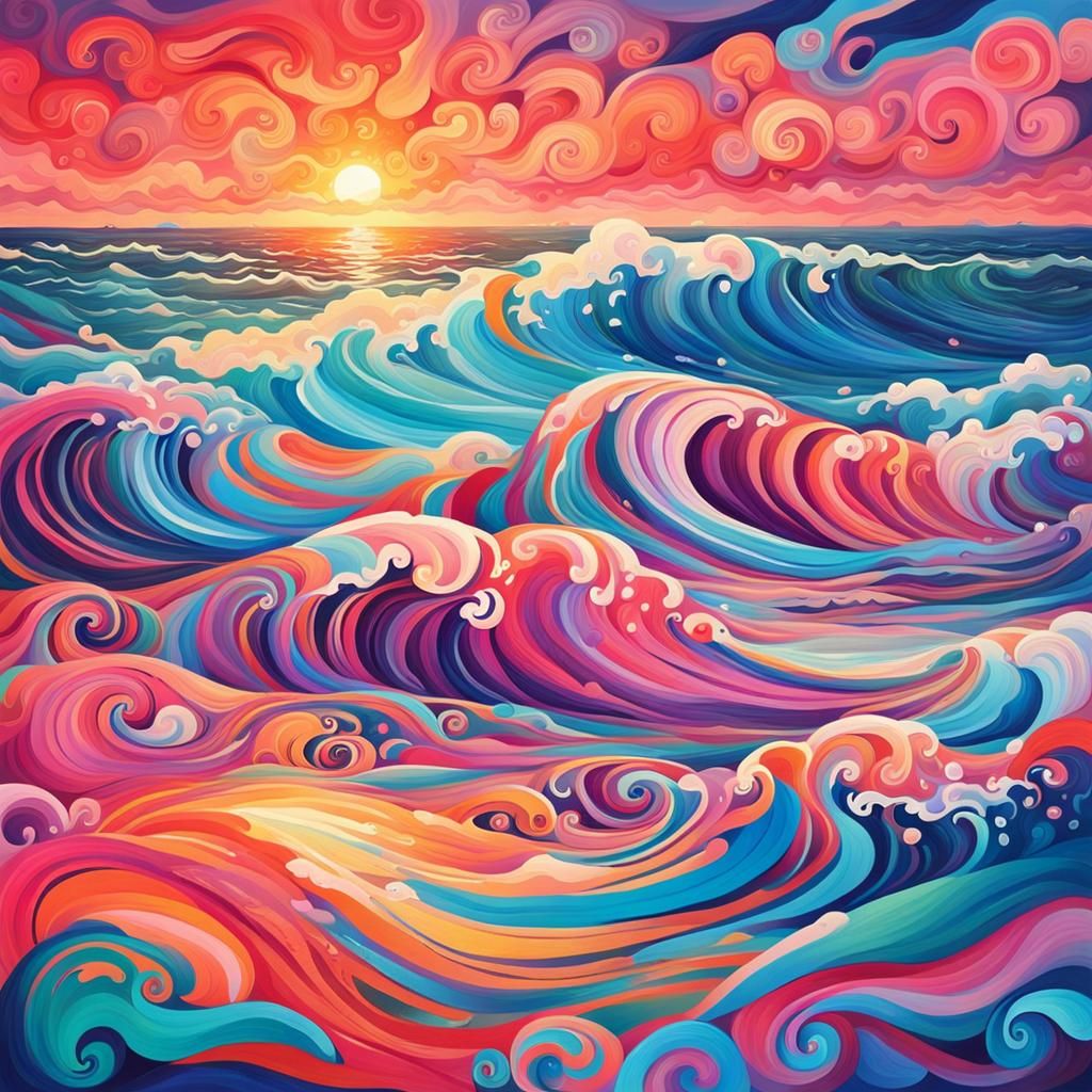 Ocean Waves at Sunset in Gouache Wonderland