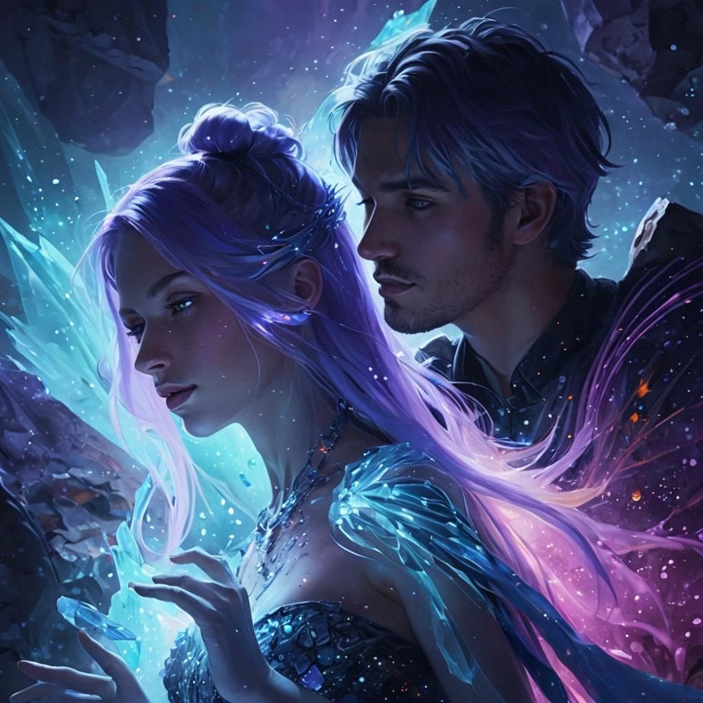 Bioluminescent Dance: Iridescent Couple in Crystalline World