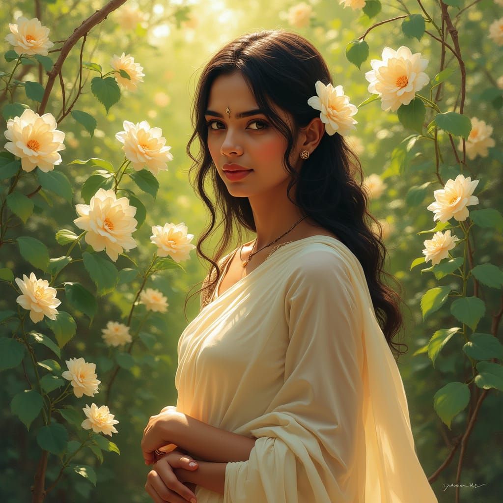 Serene Woman in Jasmine Garden, Impressionist Style