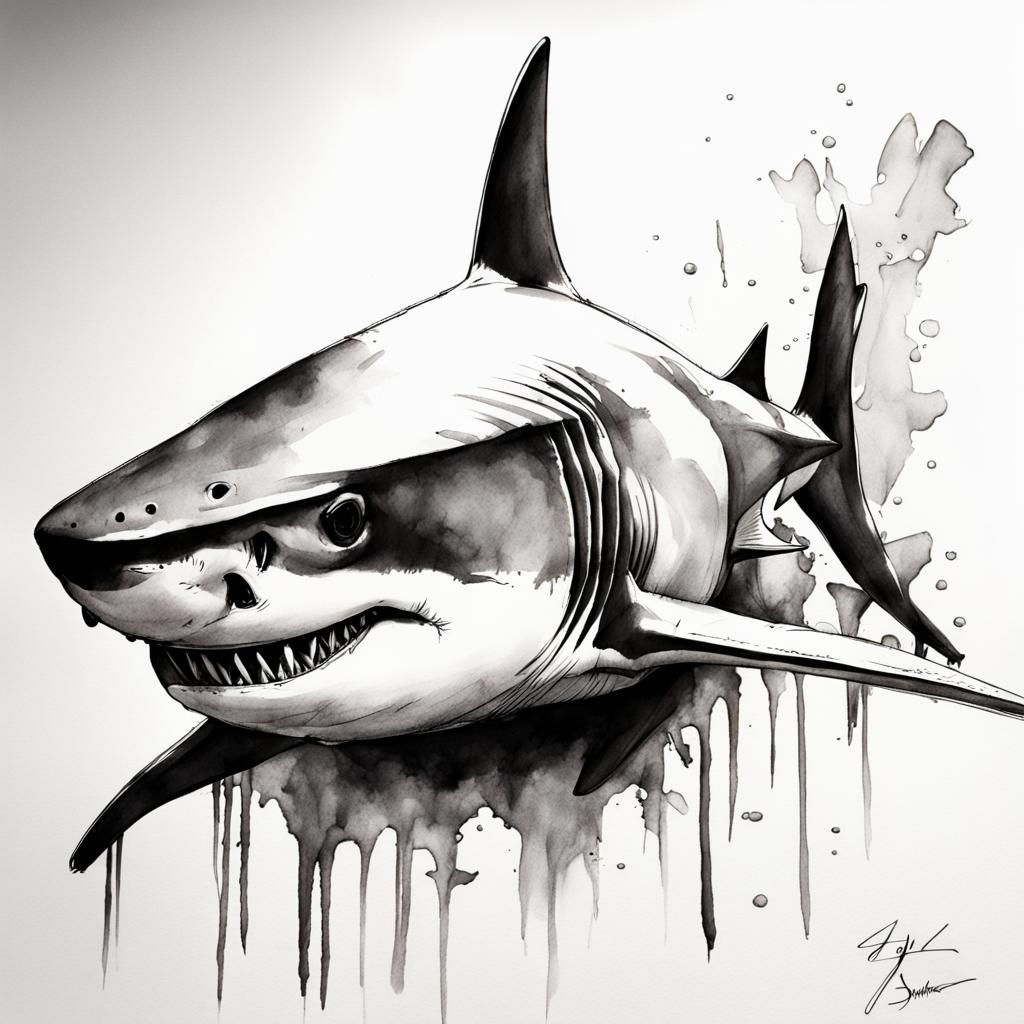 Detailed Sumi-e Shark Drawing Concept Art