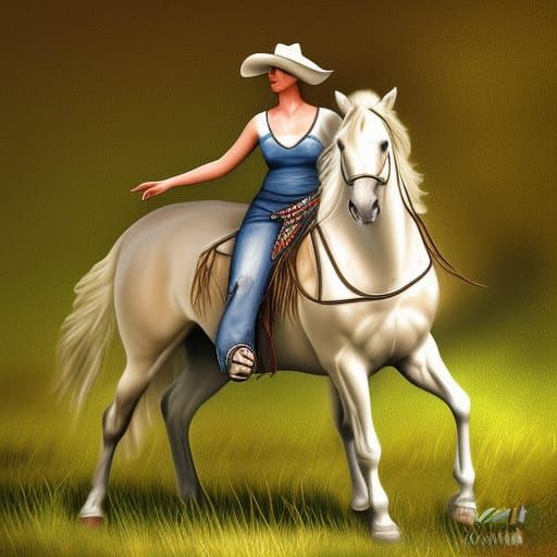Cowgirl on White Horse: Digital Art Painting