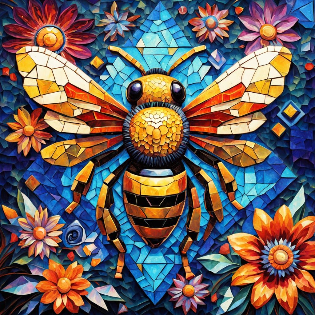 Cinematic Mosaic Bee in Vibrant Cubist Style