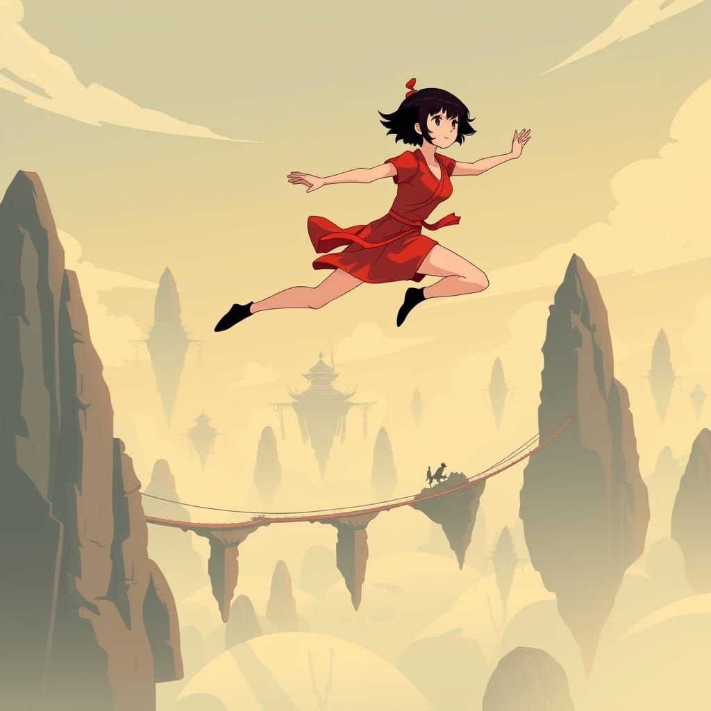 Kunoichi Leaping Through Surreal Floating Islands