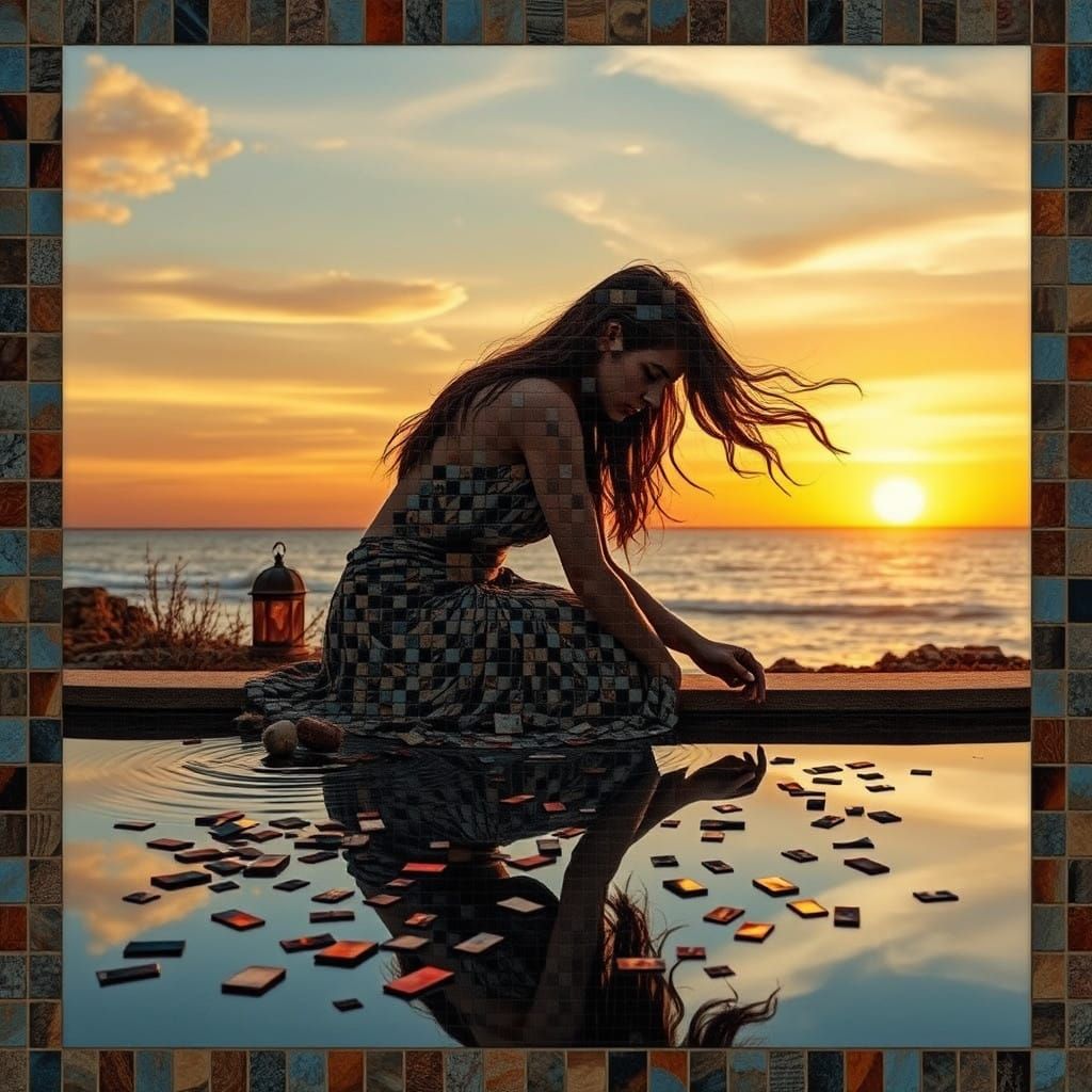 Surreal Mosaic Woman Amidst Sunset Memories