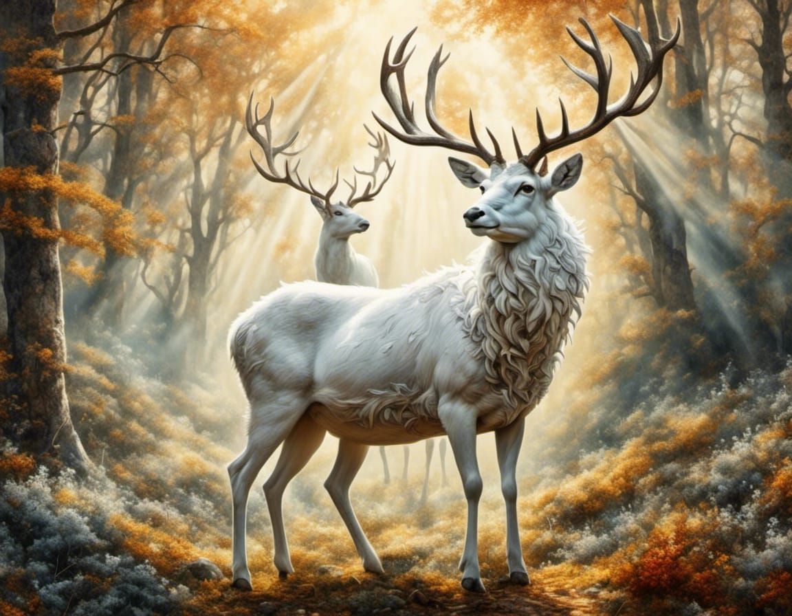 Noble White Stag in Enchanted Primeval Forest