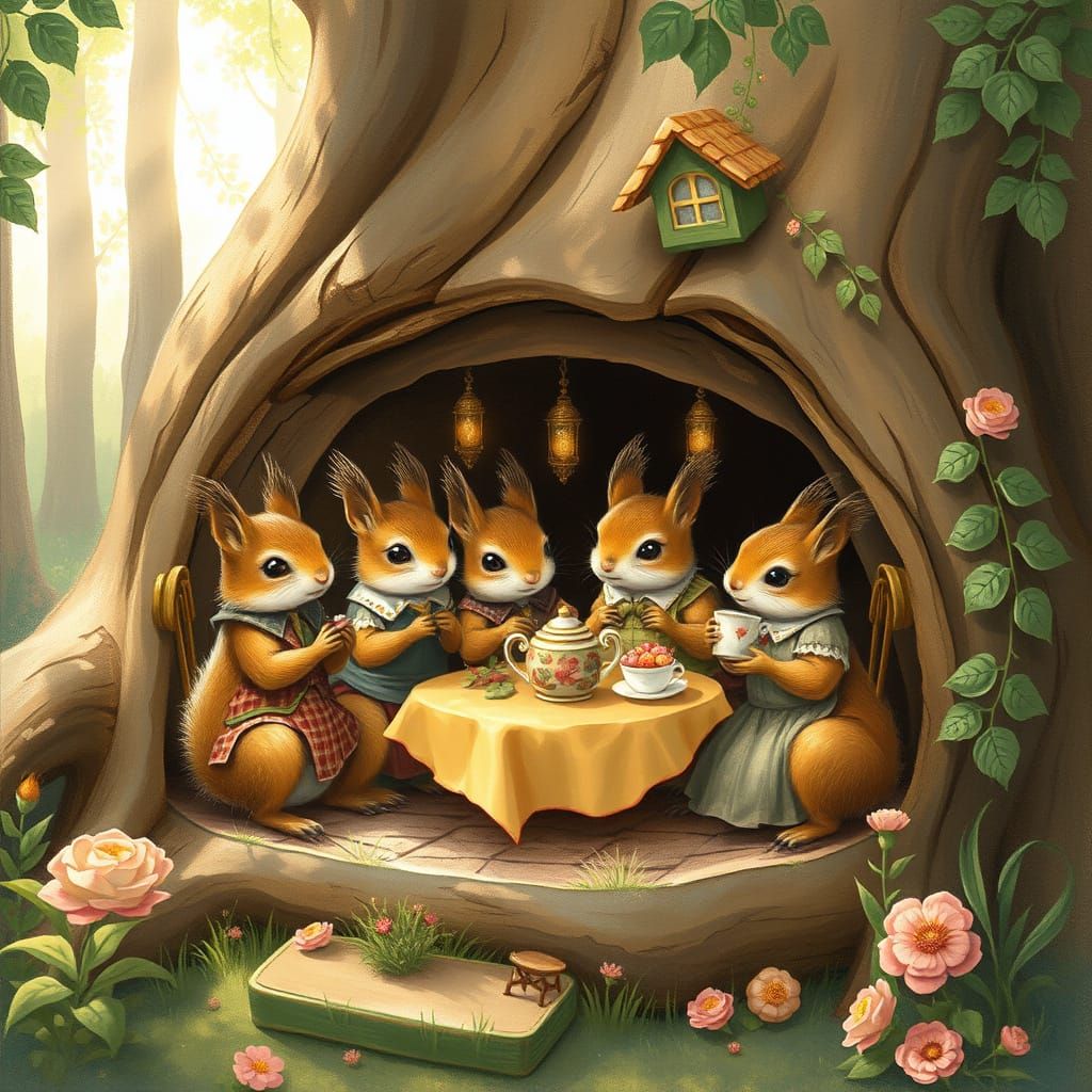 Squirrels Host Whimsical Tea Party in Forest Glade