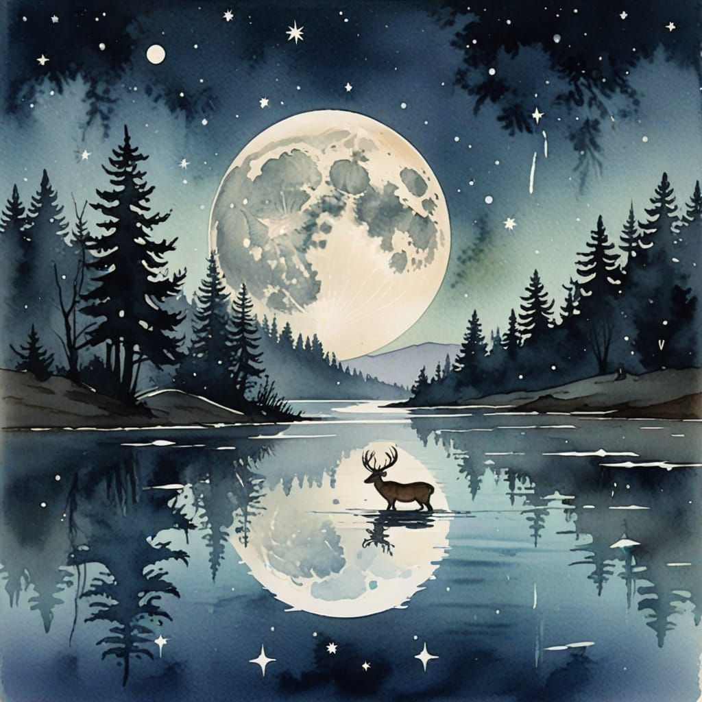 Watercolor Deer Drinking Under Moonlight