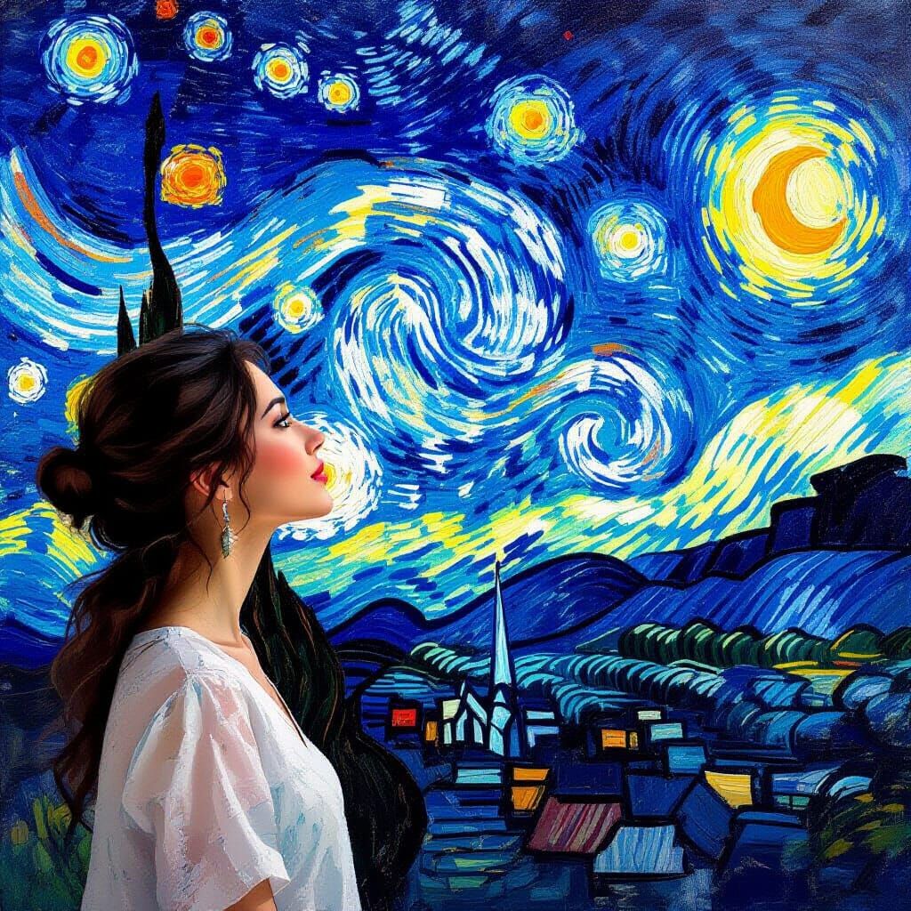 Woman Gazing at Starry Sky Oil Painting