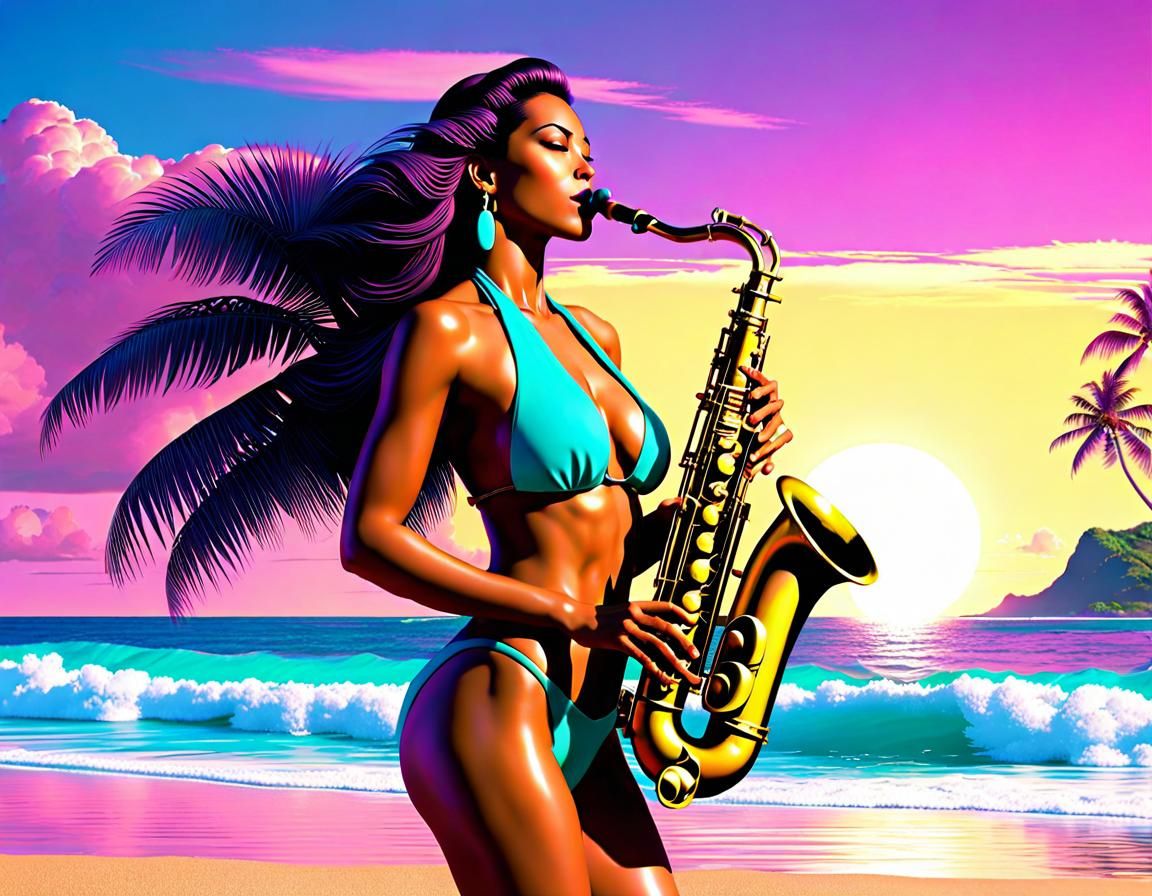 Polynesian Saxophonist on Beach in Vaporwave Style