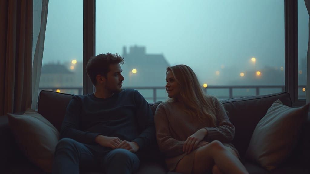 Cinematic Moment of Two Young Lovers on a Foggy Evening