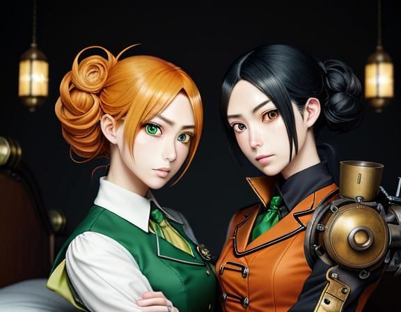 Kemono Twin Sisters Kissing in Steampunk Anime Style