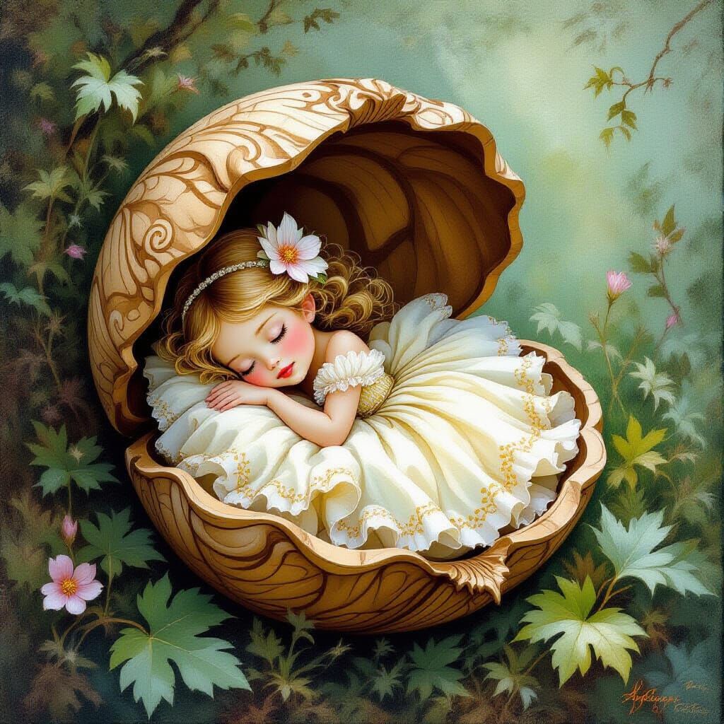 Thumbelina in Walnut Shell: A Whimsical Dreamscape