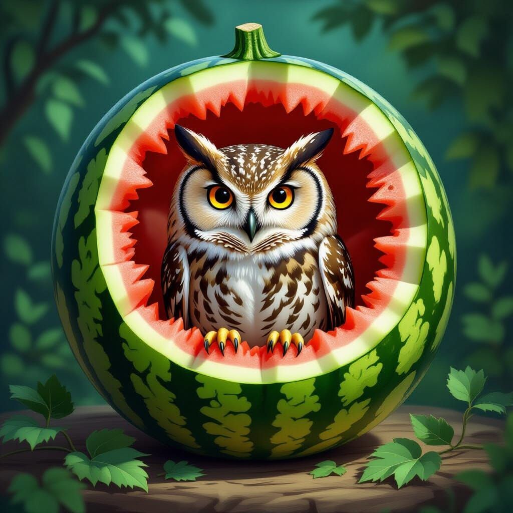 Wise Owl Inside Carved Watermelon House