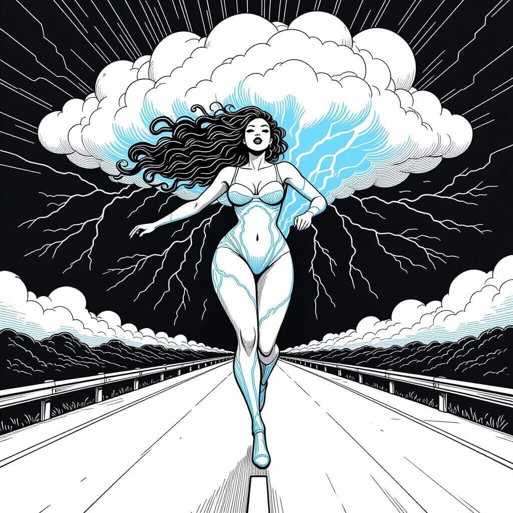 Storm Goddess Runs Highway: Pen and Ink Line Art