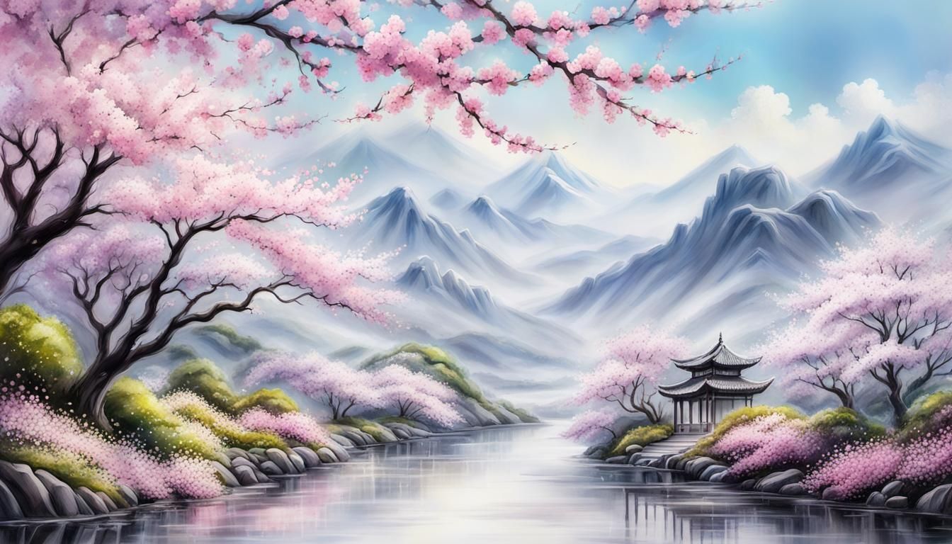 Luminescent Cherry Blossoms in Ink Wash Style