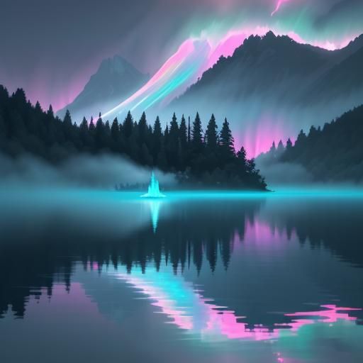 Glowing White Snake in Lake: Neon Digital Art