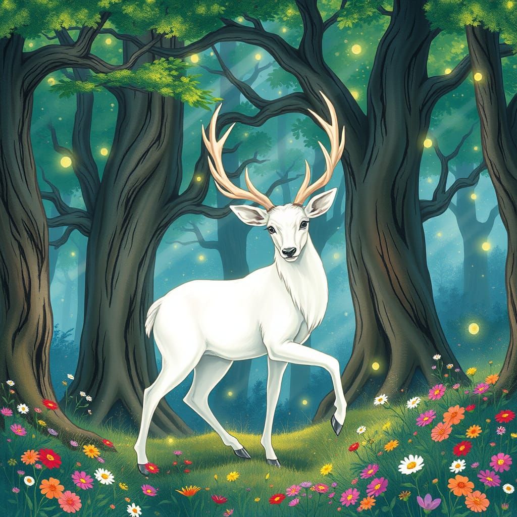 Majestic White Stag in an Enchanted Forest