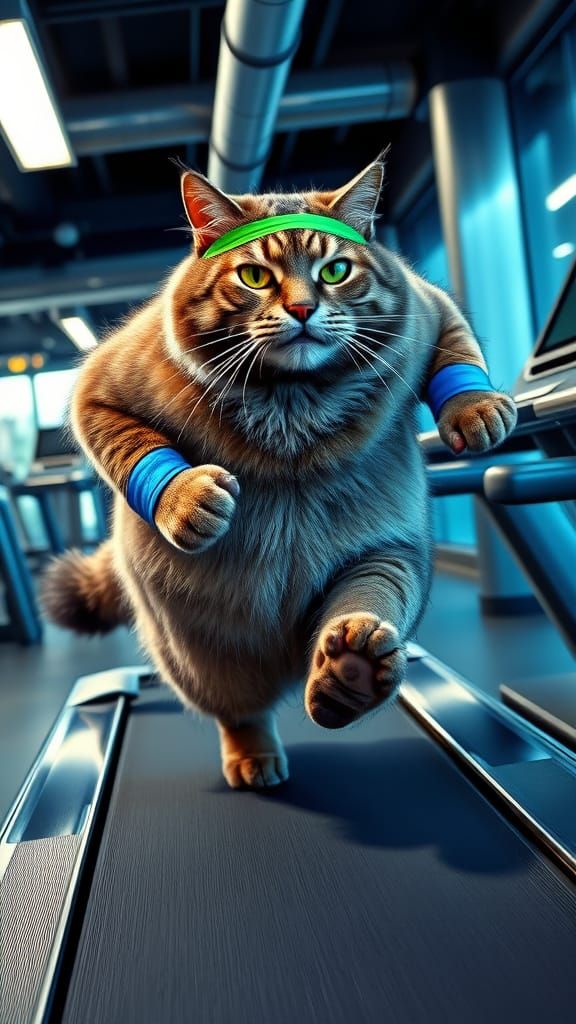 Vibrant Feline on High-Tech Treadmill, Exuding Frenzied Ener...