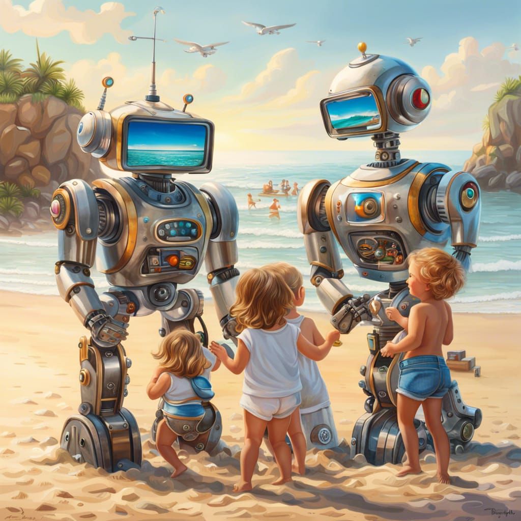 Robot Family's Beach Vacation: Awe and Wonder